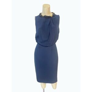 Magaschoni Collection Navy Beaded Neck Designer Dress XS 0 2